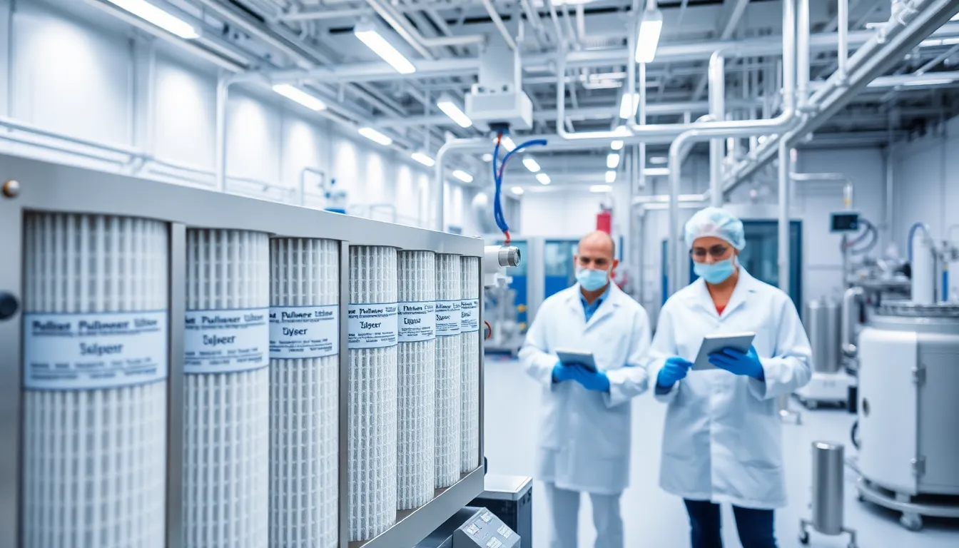 engineers inspect pullner filter cartridges in a modern cleanroom facility