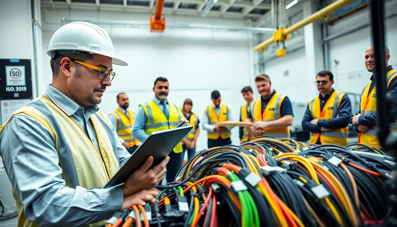 engineers inspecting truck wiring harnesses in a modern u s manufacturing facility